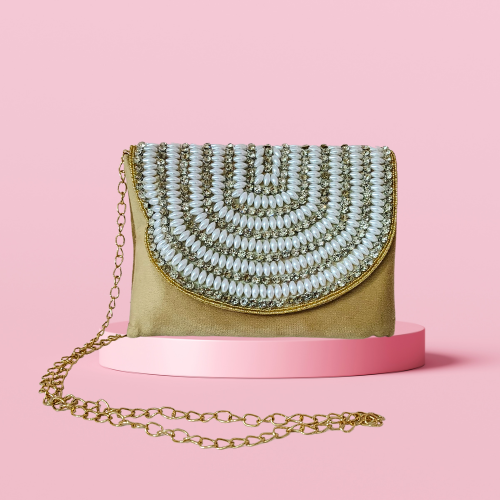 Impressive Golden Clutch With Embellished Pearls