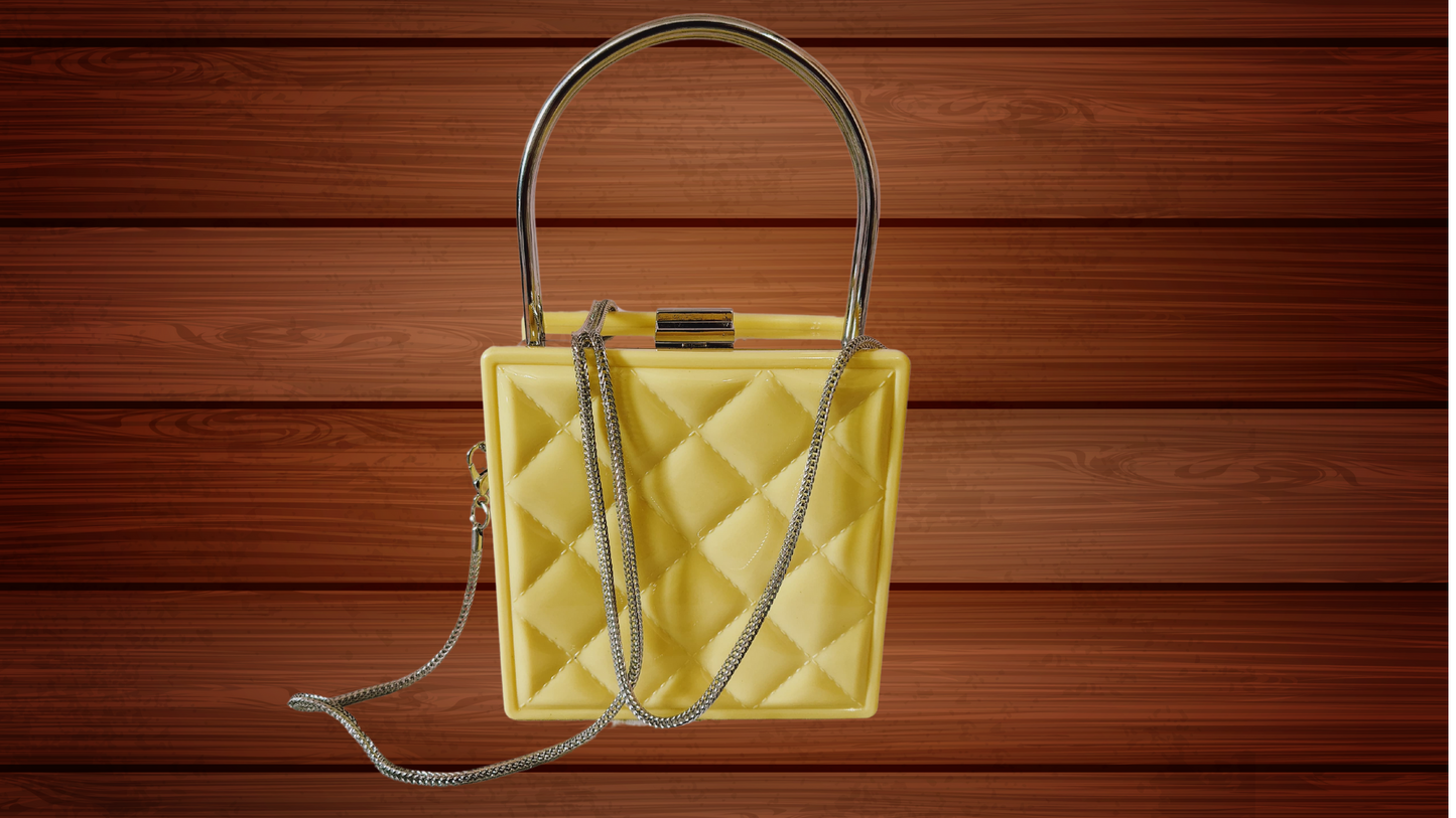 Elegant Yellow Quilted Box Clutch with Metal Handle and Chain Strap