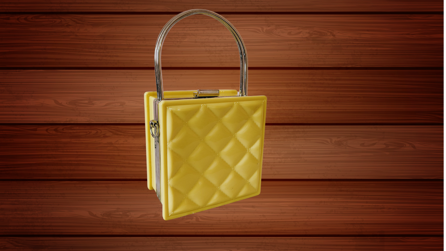 Elegant Yellow Quilted Box Clutch with Metal Handle and Chain Strap