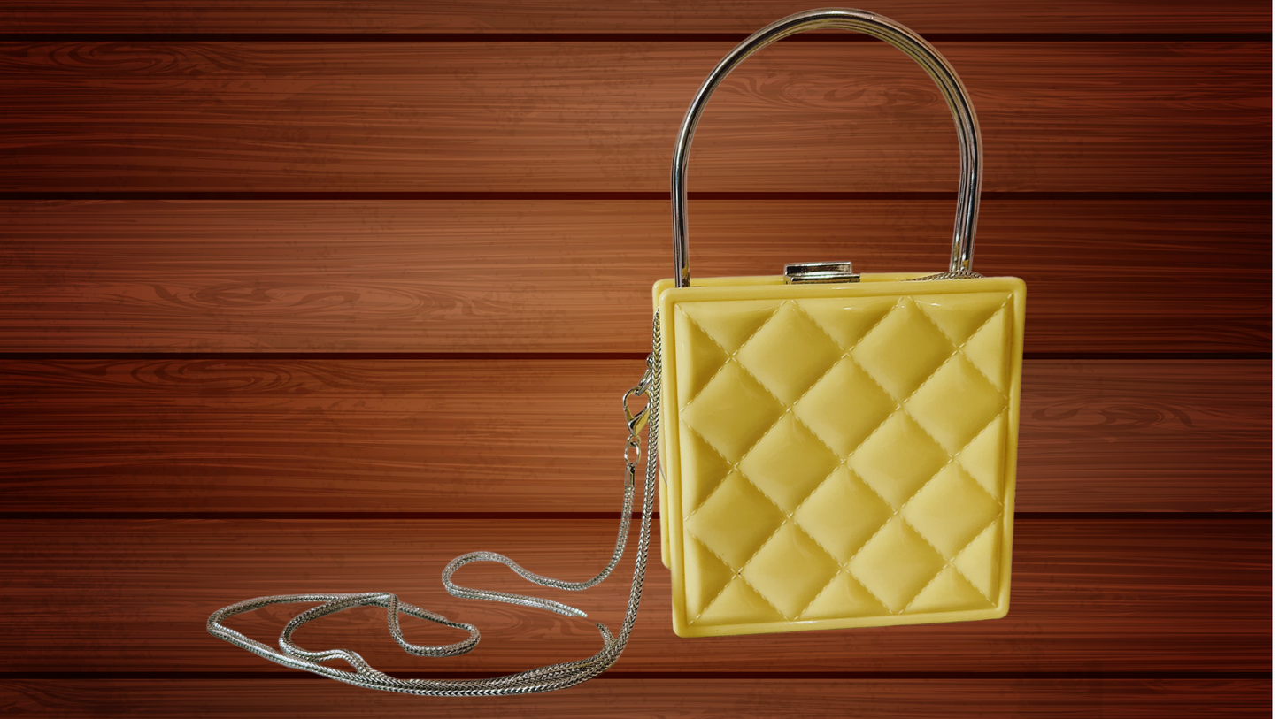 Elegant Yellow Quilted Box Clutch with Metal Handle and Chain Strap